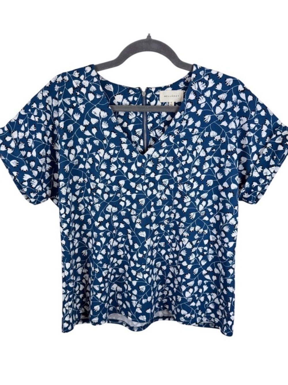 Melloday Blue White Floral Cuffed Short Sleeve Relaxed Fit Cottage Core Blouse S